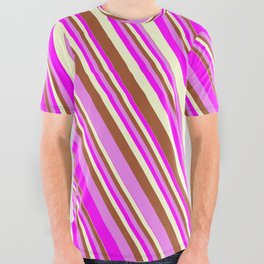 [ Thumbnail: Sienna, Violet, Fuchsia, and Light Yellow Colored Lines/Stripes Pattern All Over Graphic Tee ]