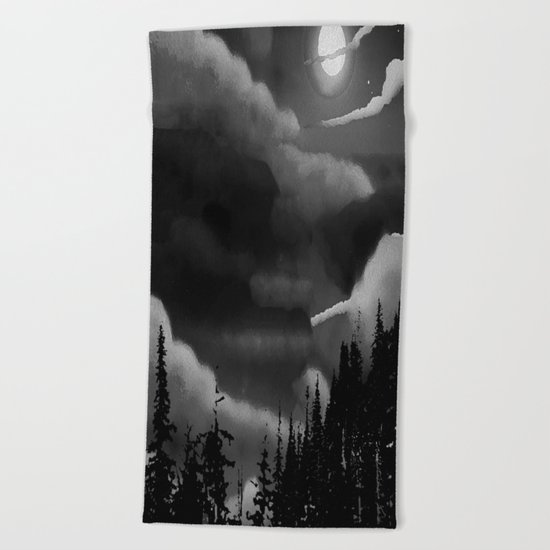 Bright Cloudy Night Sky in Black and White Beach Towel