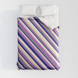 [ Thumbnail: Vibrant Gray, Dark Blue, White, Pale Goldenrod & Orchid Colored Striped/Lined Pattern Comforter ]