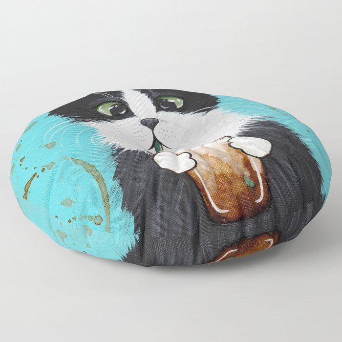 Tuxedo Cat With Iced Coffee Floor Pillow