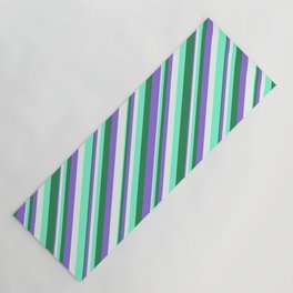 [ Thumbnail: Purple, Mint Cream, Aquamarine & Sea Green Colored Striped Pattern Yoga Mat ]