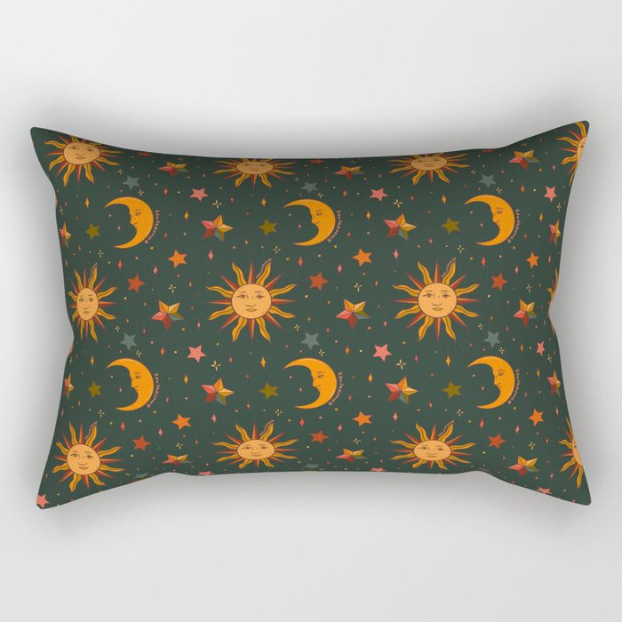 Folk Moon and Star Print in Teal Rectangular Pillow