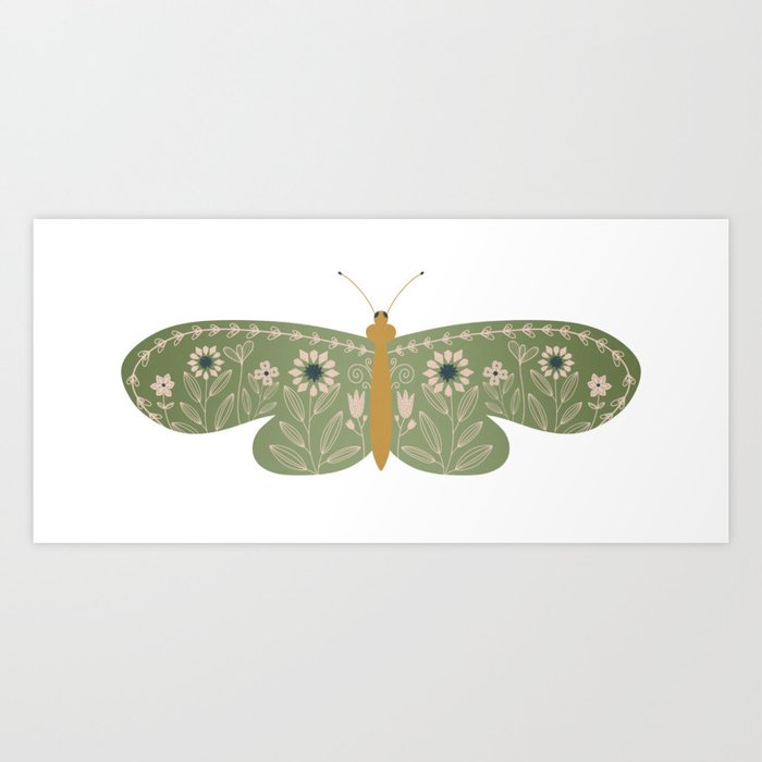 Sage Green Floral Moth Art Print