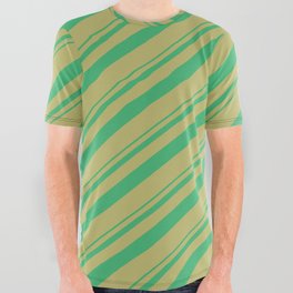 [ Thumbnail: Sea Green and Dark Khaki Colored Lined/Striped Pattern All Over Graphic Tee ]