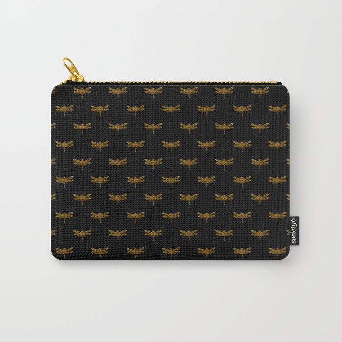 Golden Dragonfly Repeat Gold Metallic Foil on Black Carry-All Pouch