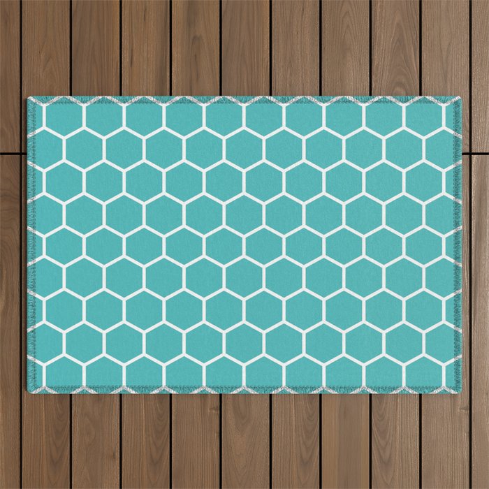 Honeycomb (White & Teal Pattern) Outdoor Rug