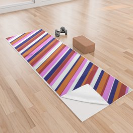 [ Thumbnail: Eyecatching Chocolate, Midnight Blue, Mint Cream, Violet & Brown Colored Lines Pattern Yoga Towel ]