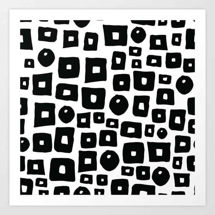 Geometrical hand painted black white squares circles Art Print
