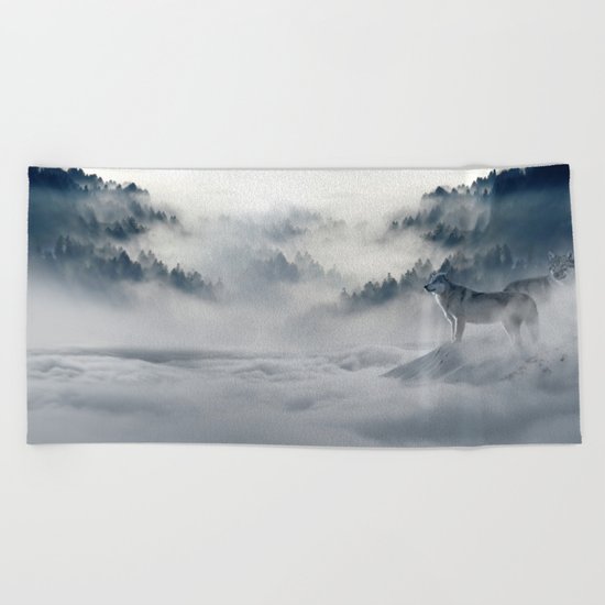 Wolves Among the Snowcaped Mountain Beach Towel
