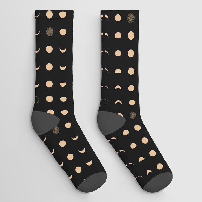 moon phases with flower_tan on black Socks