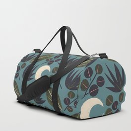 Moonlit Leaves Grid Duffle Bag | Teal, Color, Black, Plants, Leaves, Texture, Moon, Crescent, Vintage, Curated 