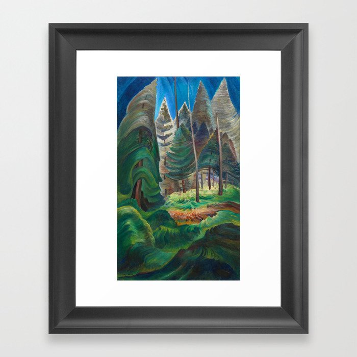 Into the forest giant trees, redwoods, sequoias, douglas fir nature landscape painting by Emily Carr for home, bedroom, & wall decor Framed Art Print