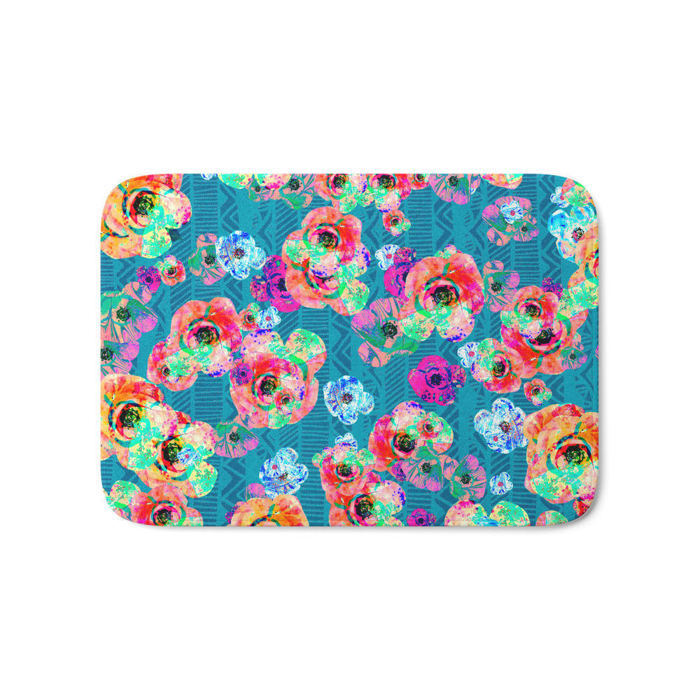 Coral and Blue Aztec Floral Bath Mat by lauragordon
