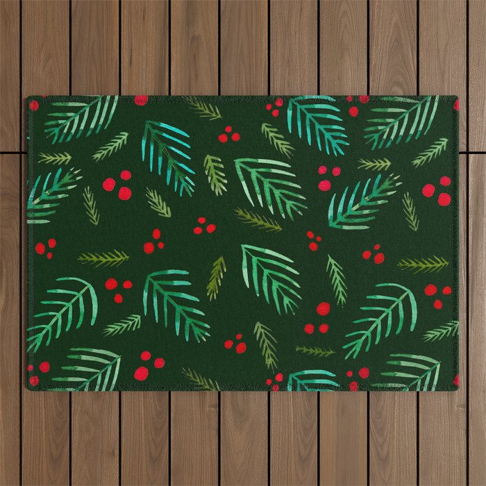 Christmas tree branches and berries - green Outdoor Rug