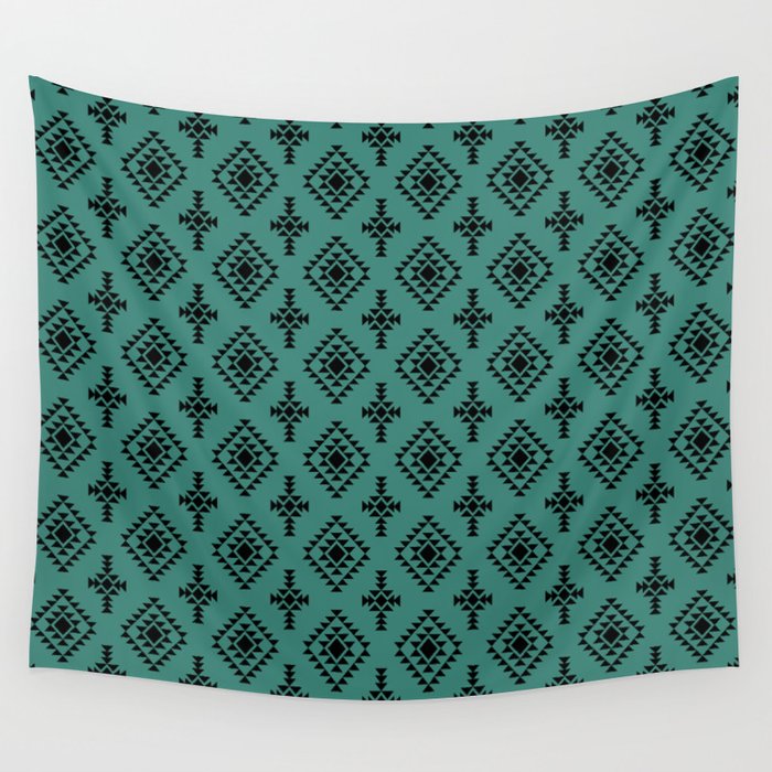 Green Blue and Black Native American Tribal Pattern Wall Tapestry