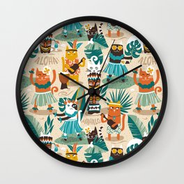 Secret Hawaiian beach party // ivory sand background greige shadows gold drop orange goldenrod yellow dark oak brown and white cats jade and pine green tropical vegetation peacock blue summery details Wall Clock