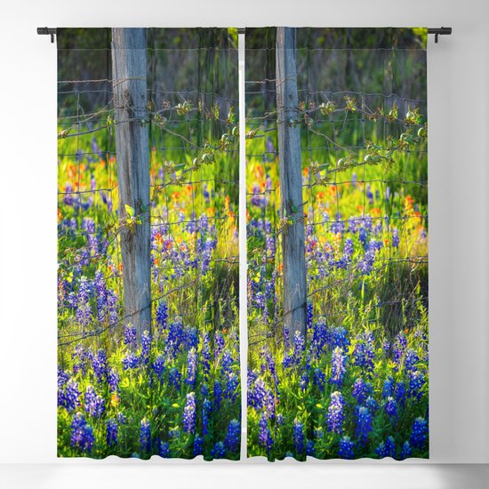Fence Post And Vines Among Bluebonnets, Country Living Curtains
