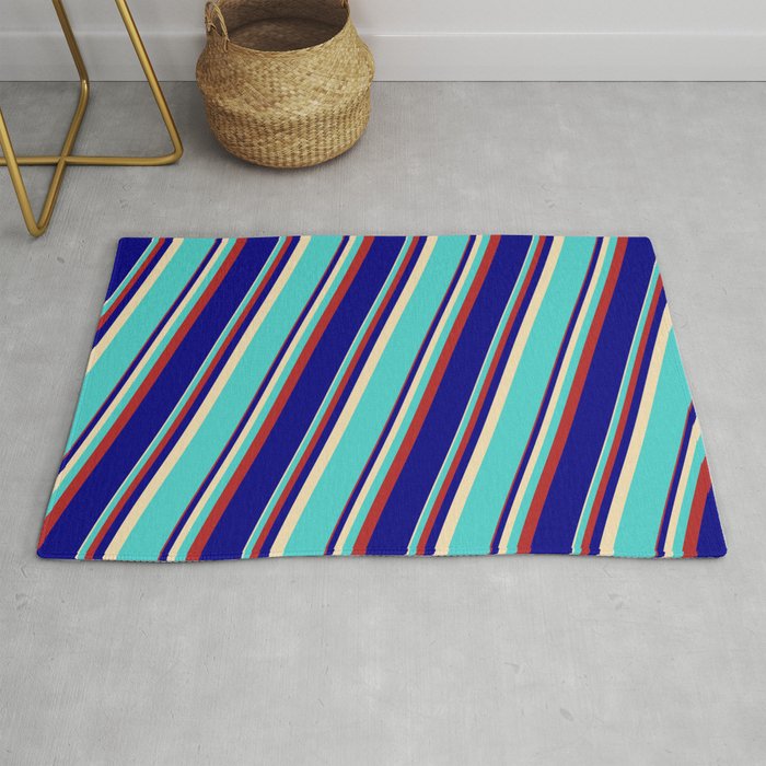 Tan, Turquoise, Red & Blue Colored Lined Pattern Rug