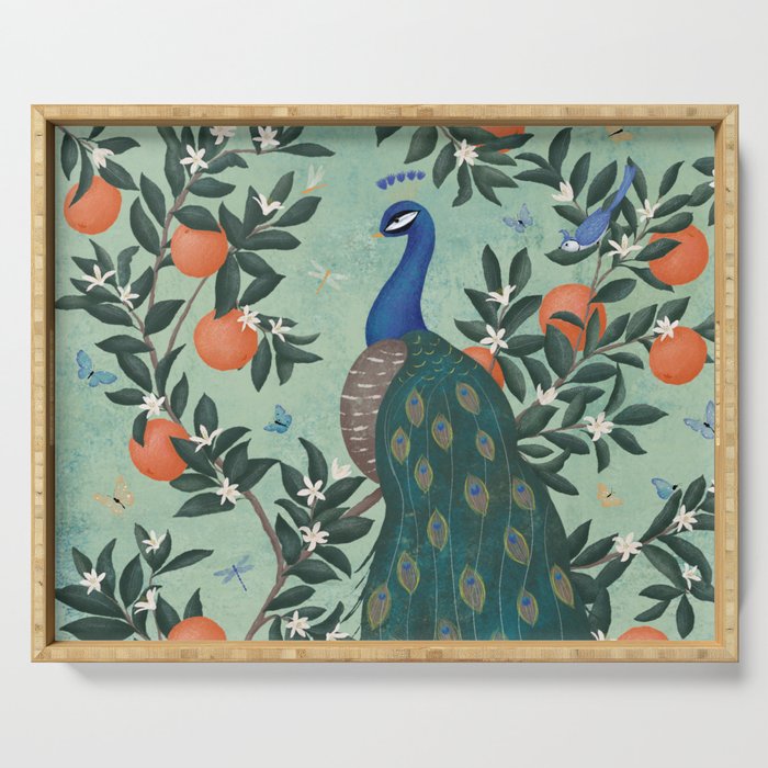 Tropical Peacock Chinoiserie With Oranges Serving Tray