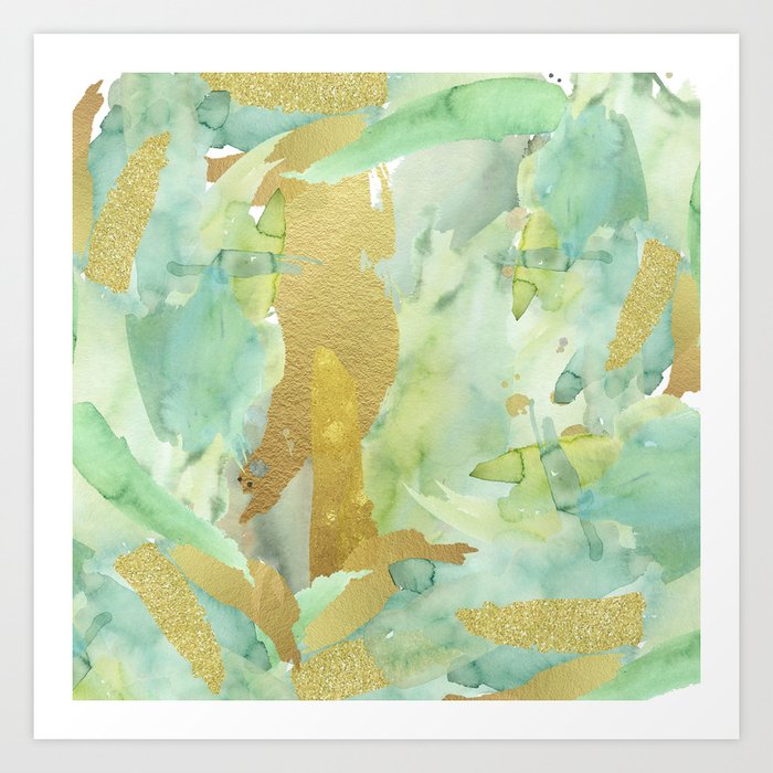 Abstract shades of green gold glitter watercolor paint brush strokes Art  Print by Pink Water