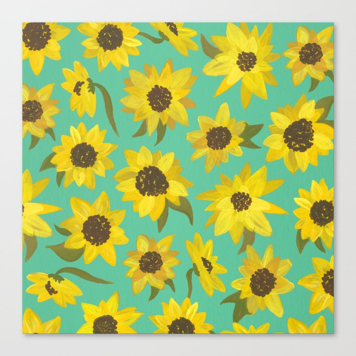 Sunflowers Acrylic on Turquoise Canvas Print
