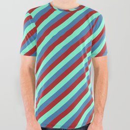 [ Thumbnail: Aquamarine, Blue & Red Colored Lined/Striped Pattern All Over Graphic Tee ]