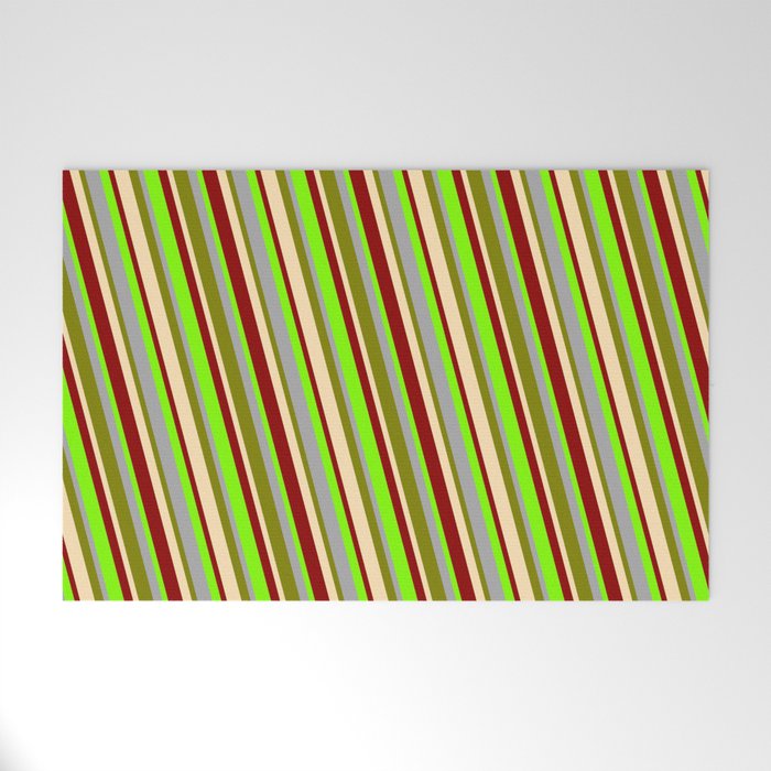 Eye-catching Dark Grey, Green, Beige, Dark Red, and Chartreuse Colored Lined/Striped Pattern Welcome Mat