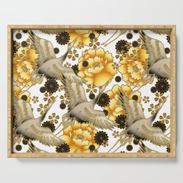 Japanese Crane pattern with Yellow peonies on White Serving Tray