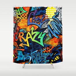 Abstract bright graffiti pattern. With bricks, paint drips, words in graffiti style. Graphic urban design Shower Curtain