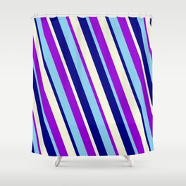 [ Thumbnail: Dark Violet, Sky Blue, Blue & Beige Colored Striped/Lined Pattern Shower Curtain ]