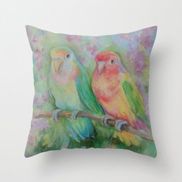 LOVEBIRDS Wildlife tropical birds painting Pastel colors scenic illustration of parrots Throw Pillow