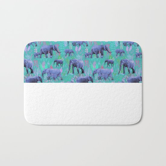 Sweet Elephants in Bright Teal, Pink and Purple Bath Mat