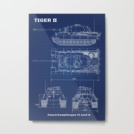 Tiger 2 II Main battle tank blueprint poster WW2 Germany army blue Coordinate paper Metal Print