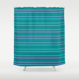 [ Thumbnail: Dark Cyan, Aqua, and Deep Pink Colored Striped Pattern Shower Curtain ]