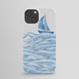 Blue sailboat, watercolor nautical ocean waves sea iPhone Case