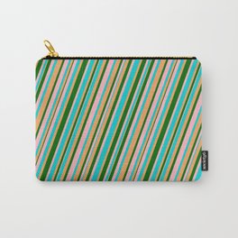 [ Thumbnail: Light Pink, Dark Turquoise, Brown & Dark Green Colored Lines Pattern Carry-All Pouch ]