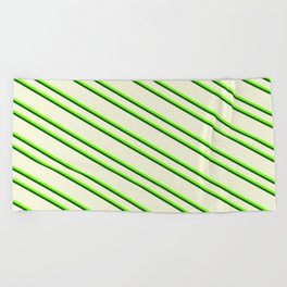 [ Thumbnail: Beige, Green & Dark Green Colored Pattern of Stripes Beach Towel ]