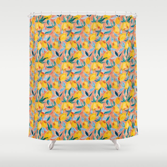 Lucky Lemons Watercolor Fruit Pattern In Peach And Yellow Shower Lucky Lemons Watercolor Fruit Pattern In Peach And Yellow Shower Curtain