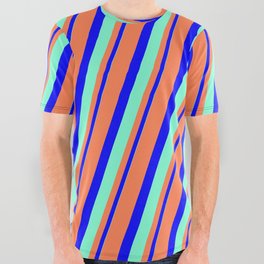 [ Thumbnail: Coral, Blue & Aquamarine Colored Striped/Lined Pattern All Over Graphic Tee ]
