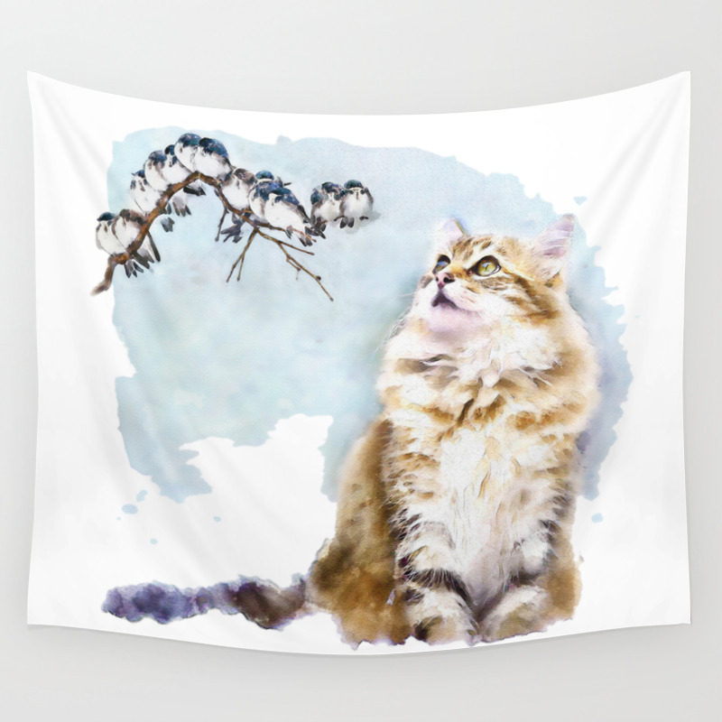 Cute Cat On The Lurk Watercolor Painting Wall Tapestry By
