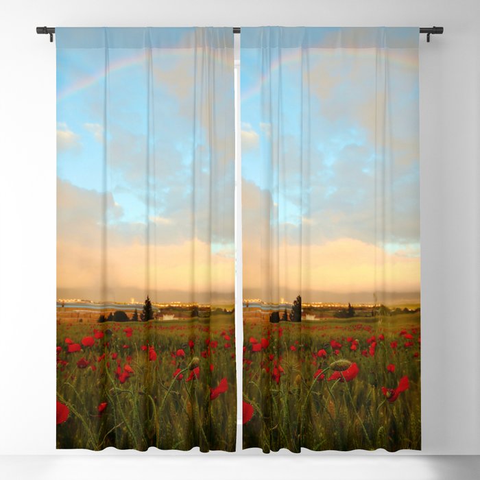 Red poppy fields of Tuscany with rainbow after storm color photographic art print photography / photography for kitchen, dining room, home and wall decor Blackout Curtain