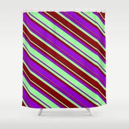 [ Thumbnail: Green, Maroon, and Dark Violet Colored Lined/Striped Pattern Shower Curtain ]