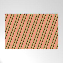 [ Thumbnail: Light Salmon, Lime Green, and Maroon Colored Lines/Stripes Pattern Welcome Mat ]