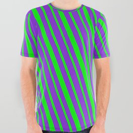 [ Thumbnail: Lime & Purple Colored Striped/Lined Pattern All Over Graphic Tee ]
