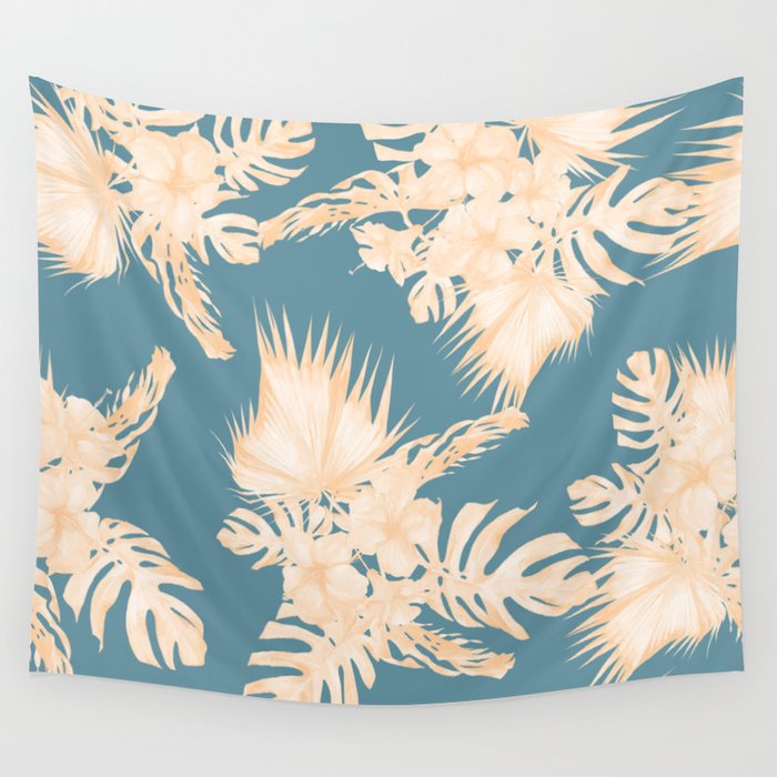 Island Vacation Hibiscus Palm Coral Teal Blue Wall Tapestry