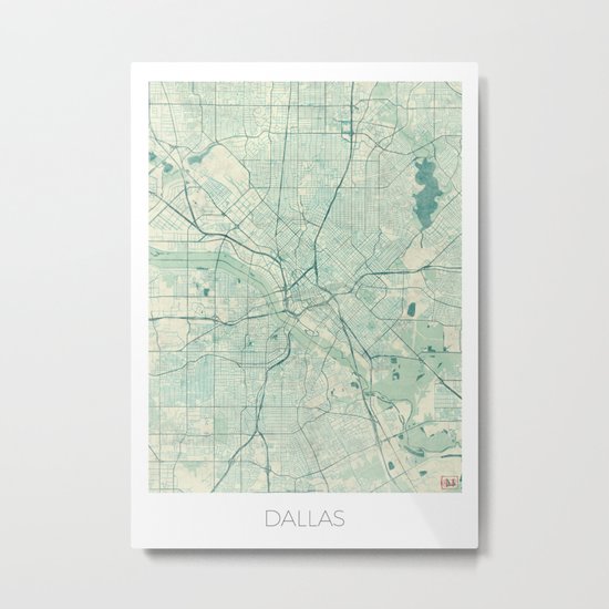Dallas Map Blue Vintage Metal Print