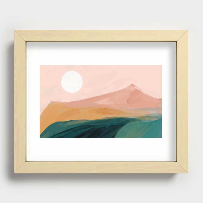 pink, green, gold moon watercolor mountains Recessed Framed Print