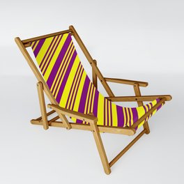 [ Thumbnail: Purple and Yellow Colored Lined Pattern Sling Chair ]