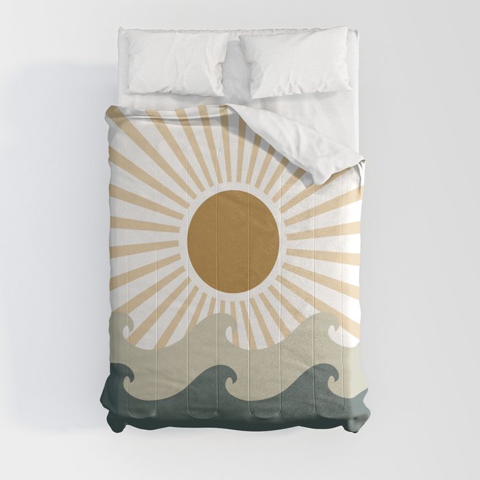 Retro, Sun and Waves, Green and Gold Comforter