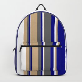 [ Thumbnail: Tan, Dim Grey, Dark Blue & White Colored Striped/Lined Pattern Backpack ]